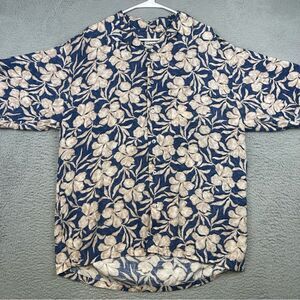 Straight Down Shirt Mens Large Blue Beige Hawaiian Floral Rayon Relaxed Golf USA